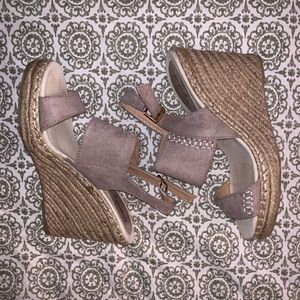 Taupe Color Suede Woven Wedge Sandals
